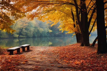 公园长椅秋叶秋叶环绕湖畔背景