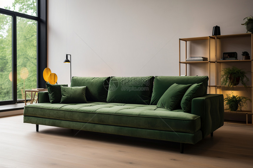 客厅里的绿色布艺沙发图片