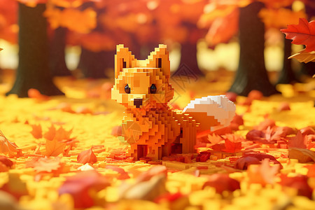 狐狸玩具坐在落叶堆上高清图片