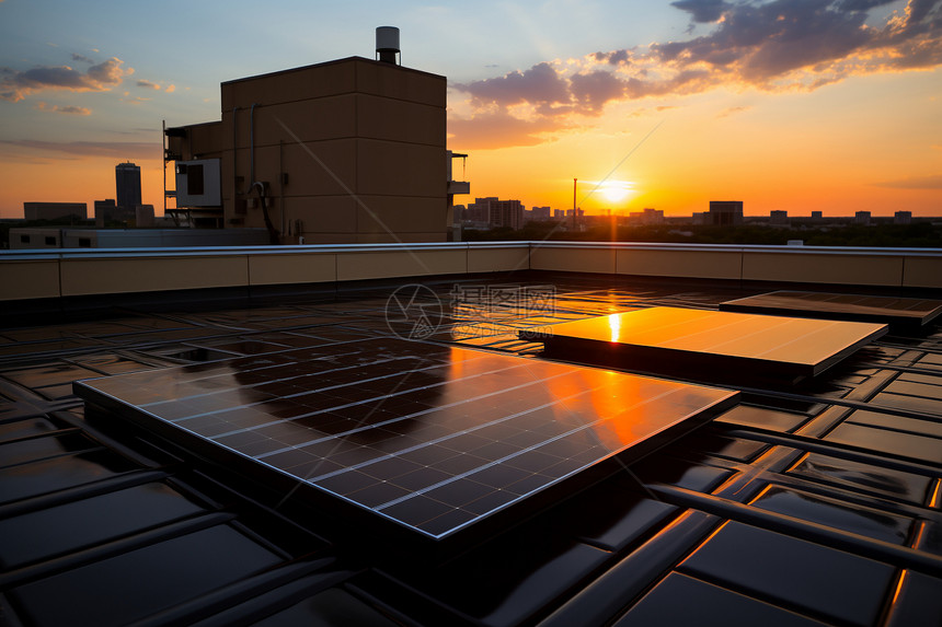 夕阳下的太阳能电池板图片