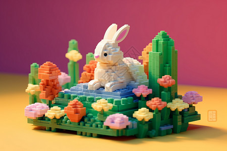 春日草地上的积木兔子背景图片