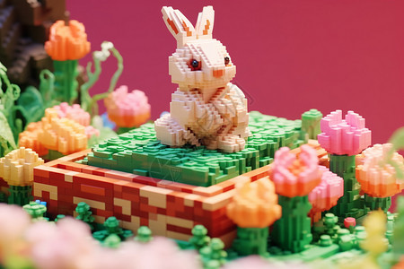 小兔子蛋糕春日花海里的积木兔子背景