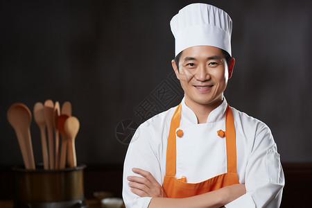 长柄厨勺汤勺子带厨师帽的厨师背景
