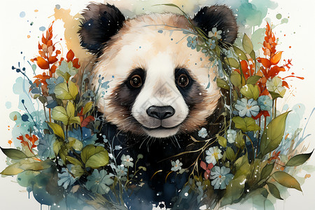 花草间的熊猫头插画