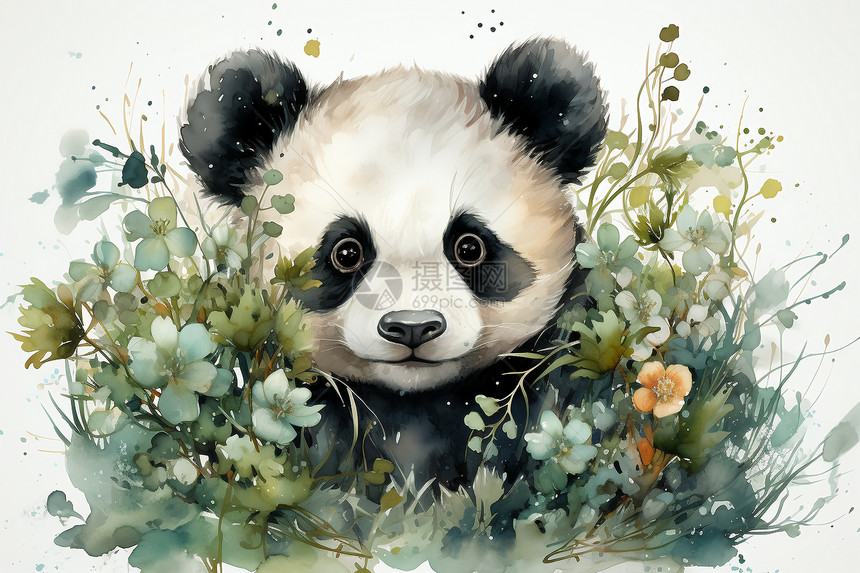 花草围绕的熊猫头图片