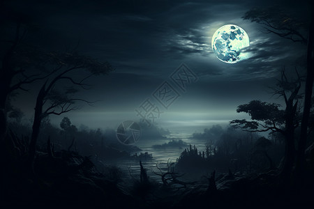夜幕下的森林中的月光图片