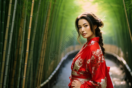 绿竹林中的女子背景图片