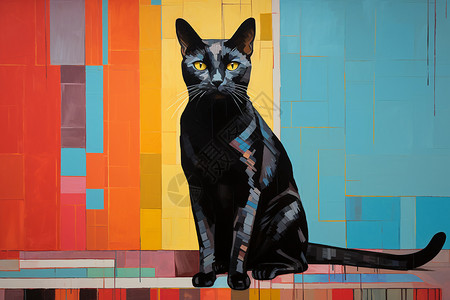 彩色瓷砖彩色和黑猫插画