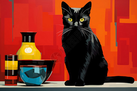 创意鱼缸黑猫背景油画插画