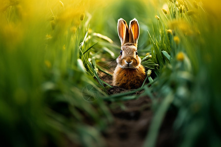 野生灰兔草丛的灰兔背景
