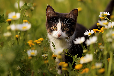 花丛中的猫咪背景图片