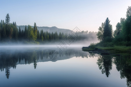 雾气的湖畔风景高清图片