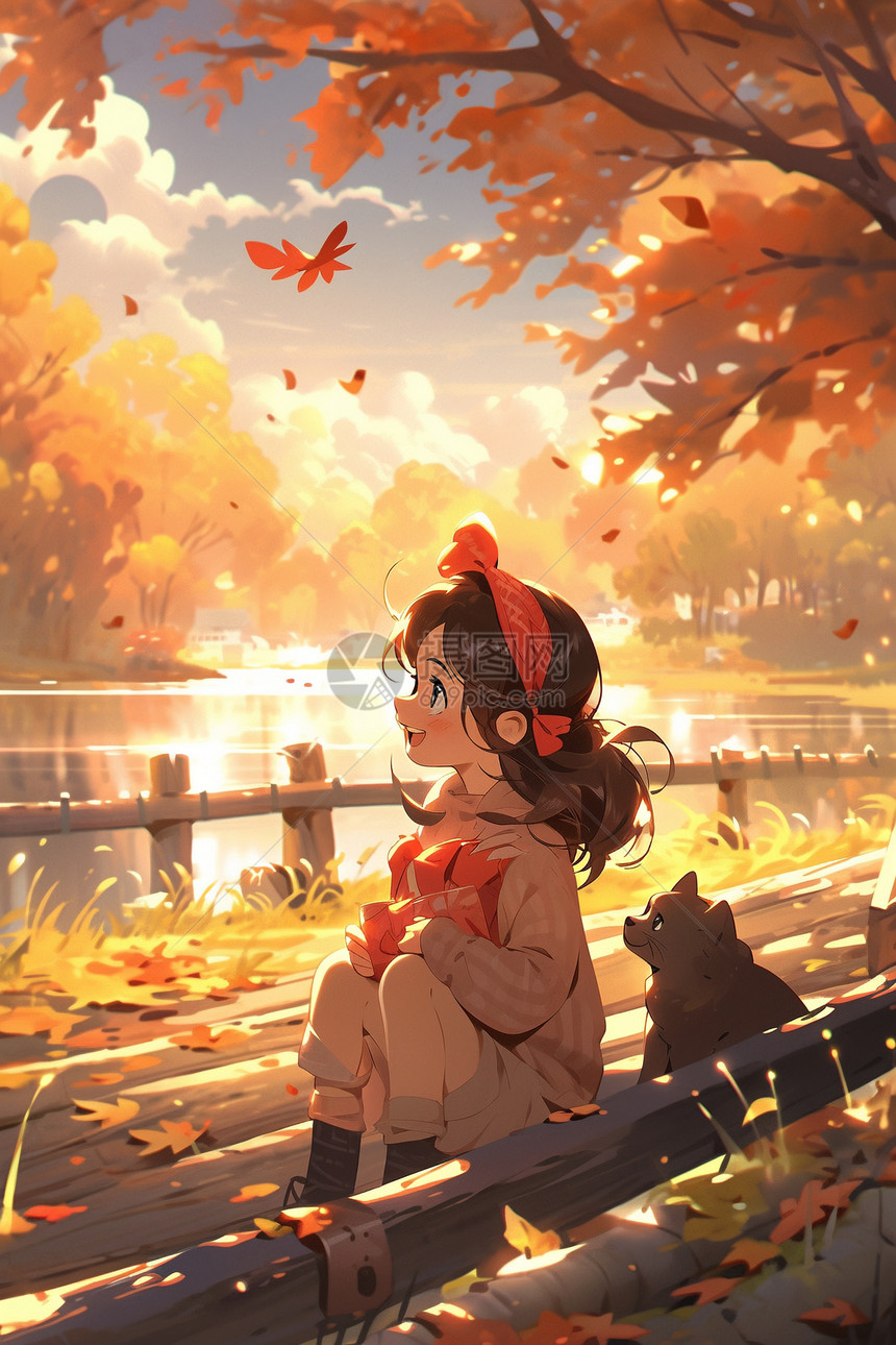 少女在河岸上微笑，欣赏着秋天景色的照片图片
