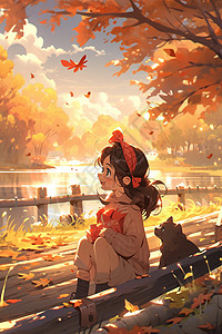 少女在河岸上微笑，欣赏着秋天景色的照片图片
