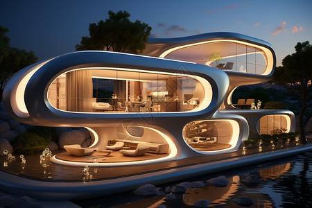 住宅夜景未来的游泳池和住宅设计图片