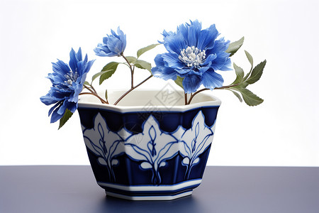 青花瓷盆栽蓝色花卉盆栽高清图片