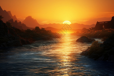 夕阳时的山水风景图片