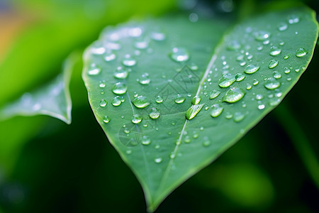 清晨绿叶上的水滴图片