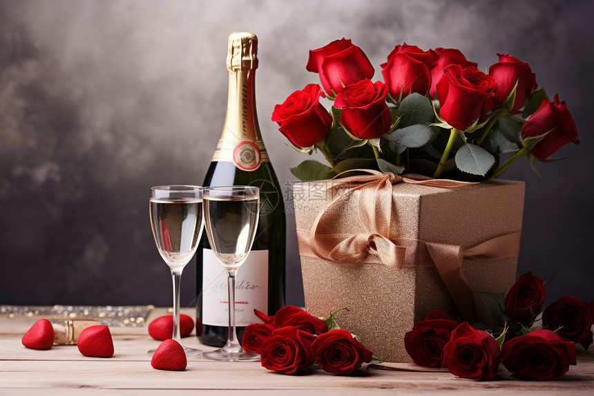 桌子上的香槟和玫瑰图片
