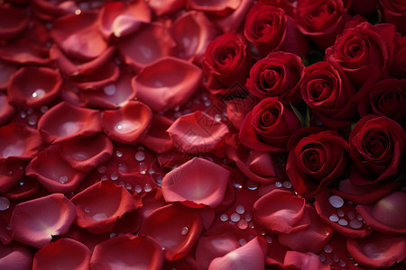 成簇的红玫瑰和花瓣图片