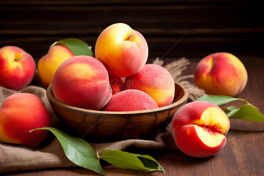 木桌上成熟的桃子图片