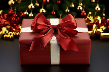 圣诞饰品前的红色礼盒背景图片