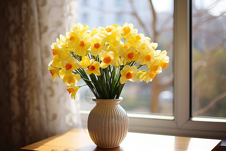 桌上一束黄色的花图片