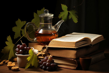茶壶和书籍杏仁梅果葡萄高清图片