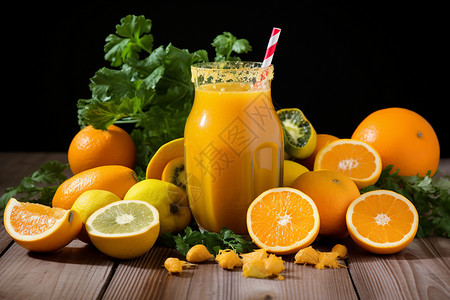 健康的果汁和橙子背景图片