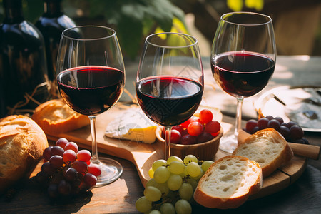 木桌上的红酒和面包高清图片