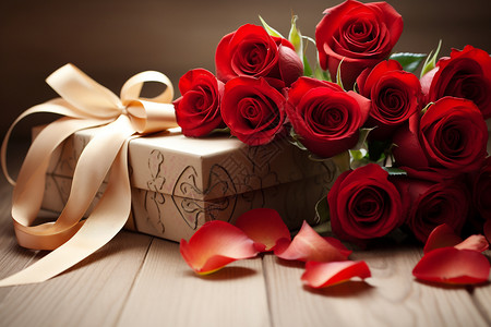 花束礼盒桌面上的礼盒和花束背景