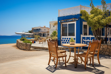 海边桌椅海岸边的建筑和桌椅背景