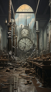 时间碎片化巨大钟表插画