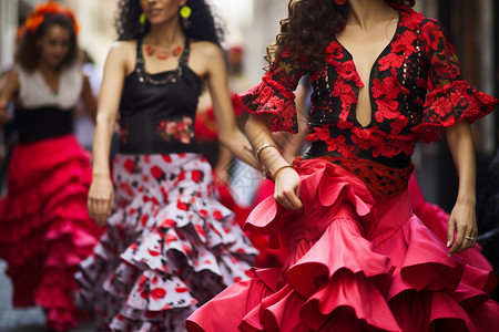 光圈中的舞蹈游行中的红裙女孩背景