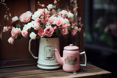茶壶和花束图片