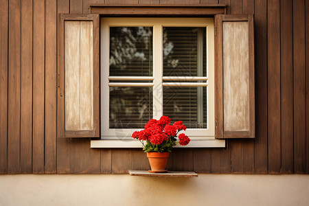 窗户外的盆栽花束图片