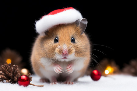 雪地里带圣诞帽的仓鼠背景图片