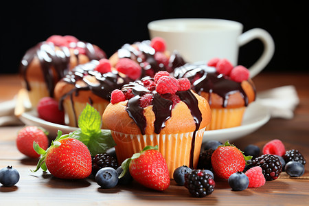 蓝莓杯子蛋糕浆果巧克力早餐背景