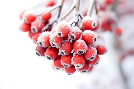 树枝与红果实冰雪红颗粒背景
