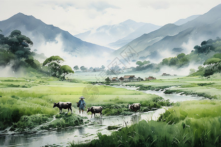 细雨蒙蒙的乡村风景插画