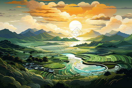 夕阳映照下的稻田美景背景图片