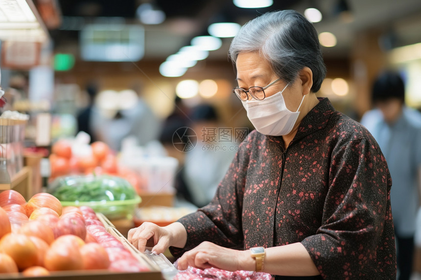 带着口罩在超市买东西的老人图片