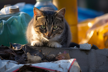 可爱小猫在垃圾桶旁边高清图片