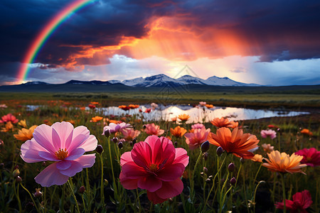 彩虹下美丽风景背景图片