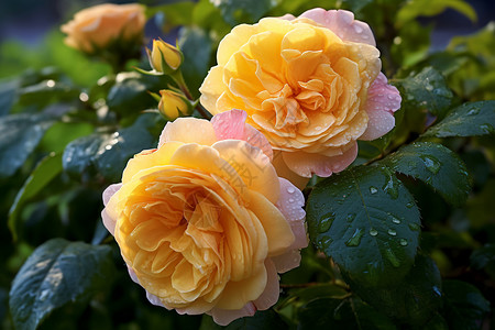 玫瑰园艺沾满雨水的黄玫瑰背景