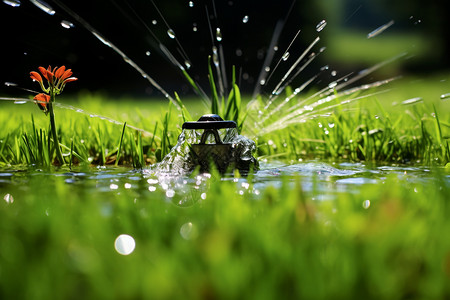水灌溉草坪上的洒水器背景