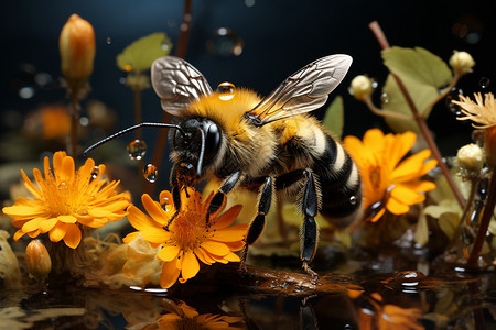 蜜蜂与盛开的花朵图片