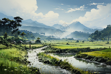 水彩画稻田背景图片