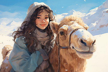 雪景中女子骑骆驼图片