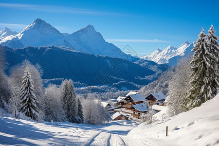 冰雪山中的小屋背景图片